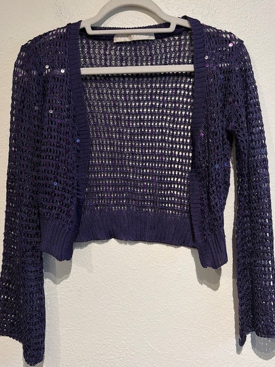 Bette Paige Sweaters - Bettie Page Vintage Inspired Cropped Open-Knit Sequined Cardigan in Purple